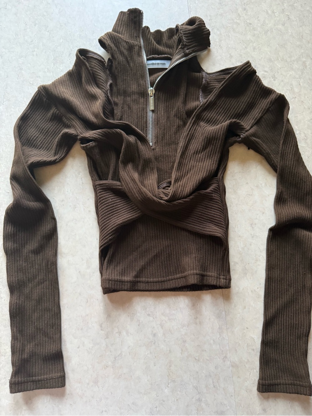 Manière De Voir Brown Ribbed Half-Zip Twist-Front Long Sleeve Top